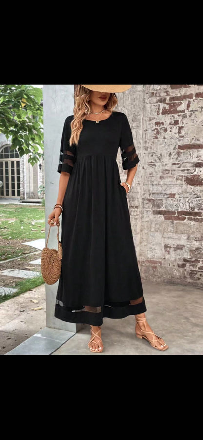Women’s Casual Mesh Patchwork Maxi Dress with Pockets – Round Neck, 3/4 Sleeve