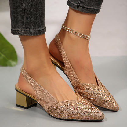 Women’s Plus Size Rhinestone Pointed Toe Low Heel Shoes – Elegant Party & Evening Sandals