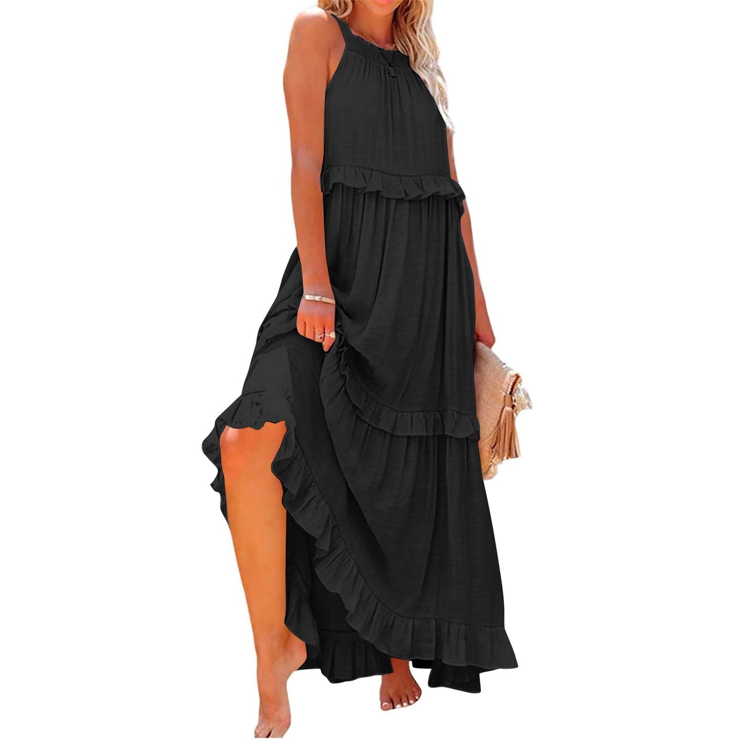 Summer Halter Neck Maxi Dress – Backless Beach Ruffle Dress for Women