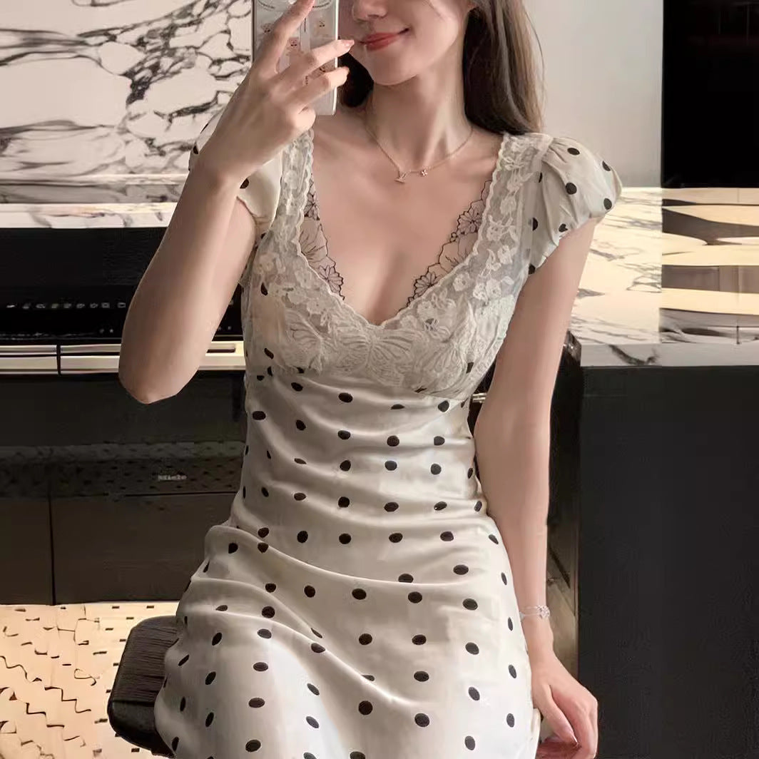 Lace V-Neck Polka Dot Maxi Dress – Elegant Slim Fit Evening Dress for Women