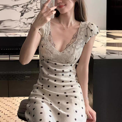 Lace V-Neck Polka Dot Maxi Dress – Elegant Slim Fit Evening Dress for Women