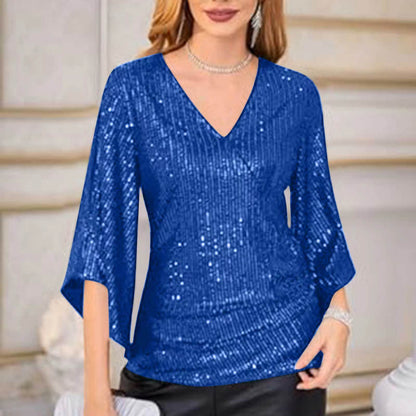 Women’s Sequined Party Top – Loose Mid-Length Short Sleeve Blouse