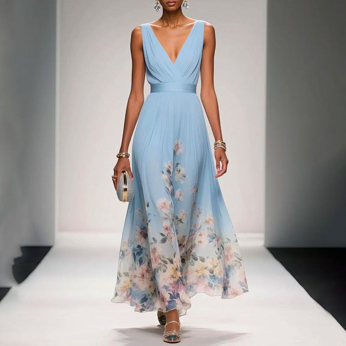 Elegant Chiffon Floral Print Maxi Dress – Sleeveless V-Neck Summer Party Wear