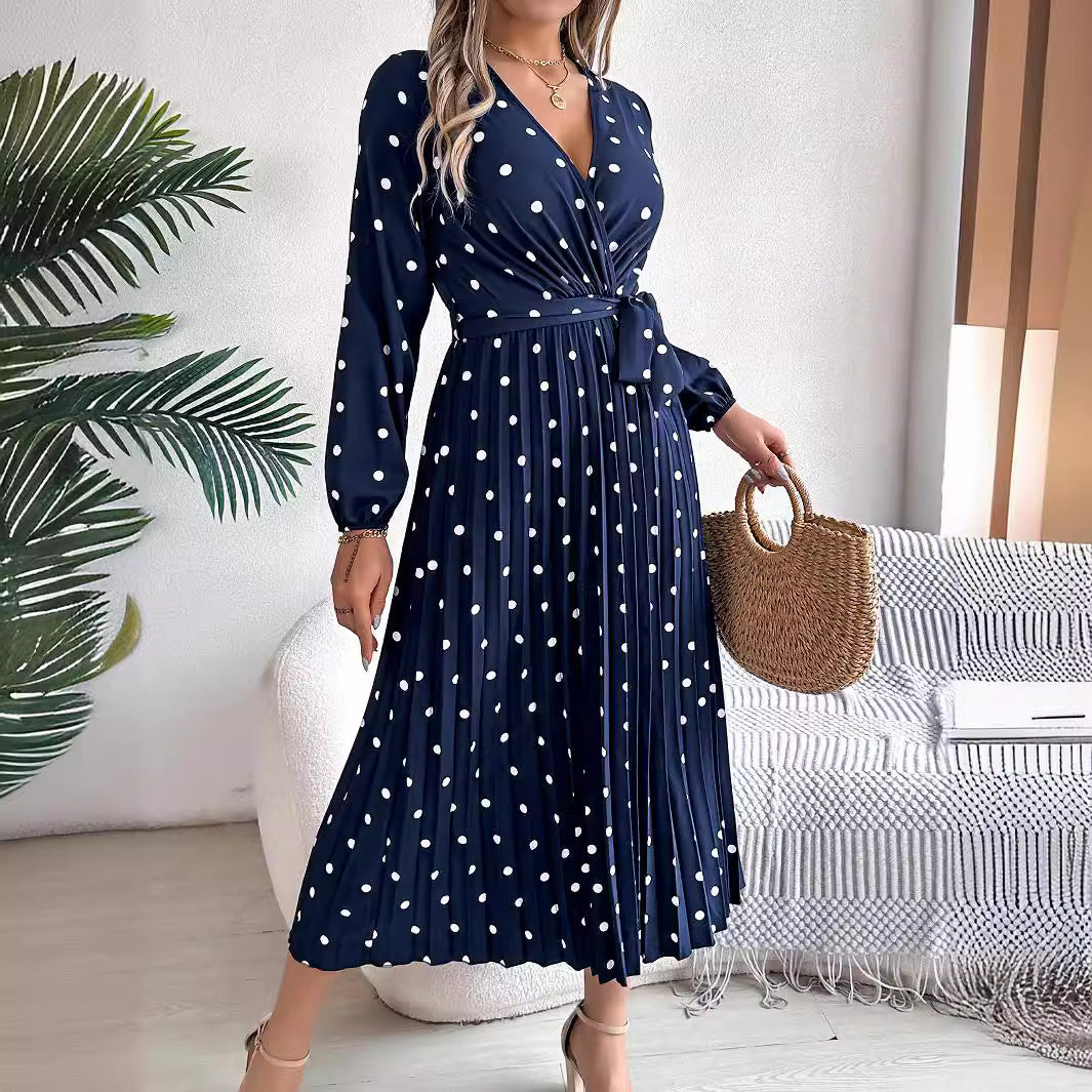 Women’s Polka Dot Long Sleeve Wrap Maxi Dress – Elegant Pleated V-Neck