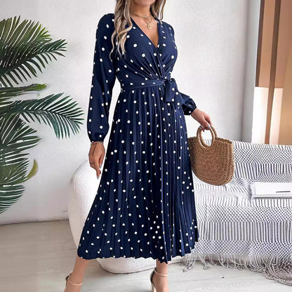 Women’s Polka Dot Long Sleeve Wrap Maxi Dress – Elegant Pleated V-Neck