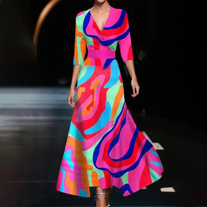 Women’s Cross V-Neck 3/4 Sleeve Floral Maxi Dress