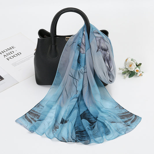 Elegant Chiffon Printed Silk Scarf – Lightweight Lotus Pond Moonlight Wrap for Women