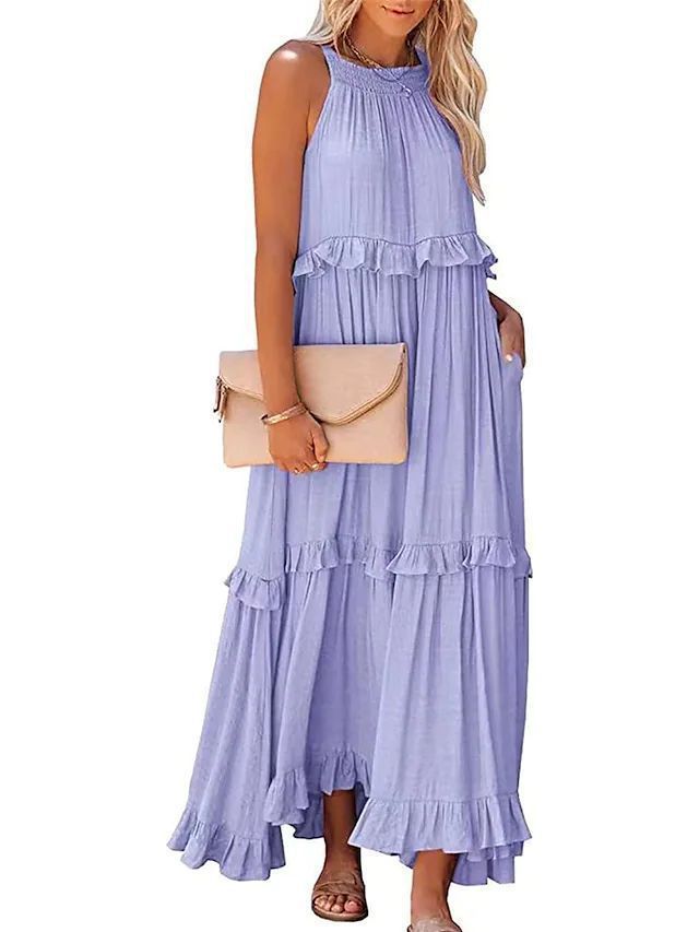Summer Halter Neck Maxi Dress – Backless Beach Ruffle Dress for Women
