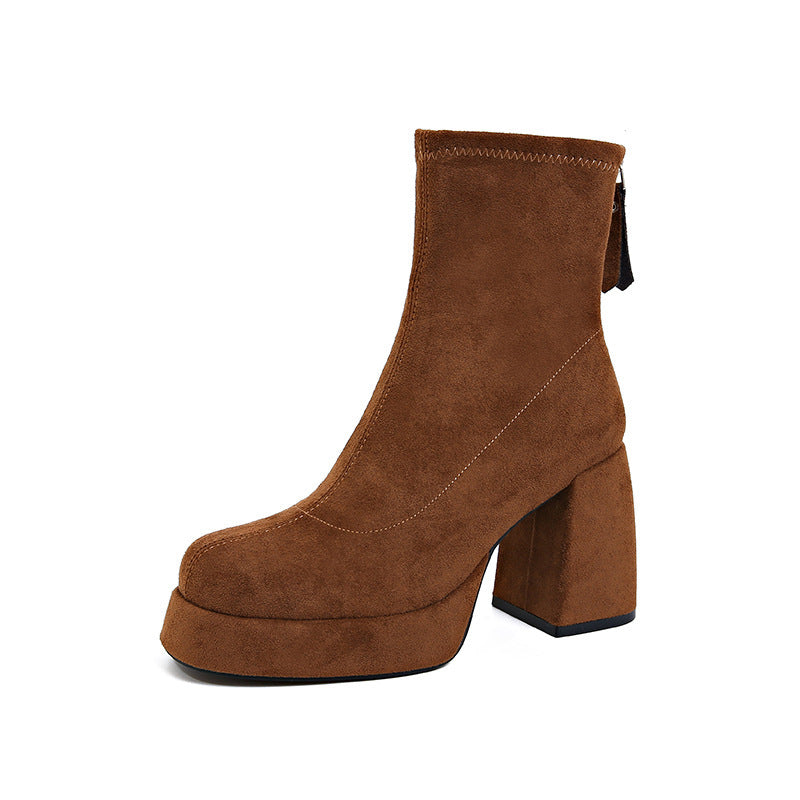 Fashion Suede Block Heel Boots – Women’s Back Zipper Ankle Boots