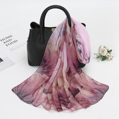 Elegant Chiffon Printed Silk Scarf – Lightweight Lotus Pond Moonlight Wrap for Women