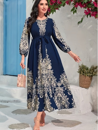 Women’s Printed Long Sleeve Maxi Dress – Elegant Ethnic Style
