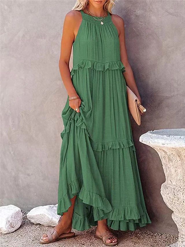 Summer Halter Neck Maxi Dress – Backless Beach Ruffle Dress for Women