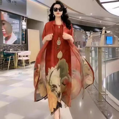 Women’s Artificial Silk Two-Piece Dress Set – Luxury Printed Loose Suit with Skirt