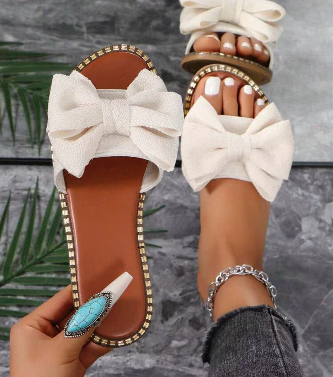 Women’s Rhinestone Bowknot Flat Slippers – Summer Casual Sandals