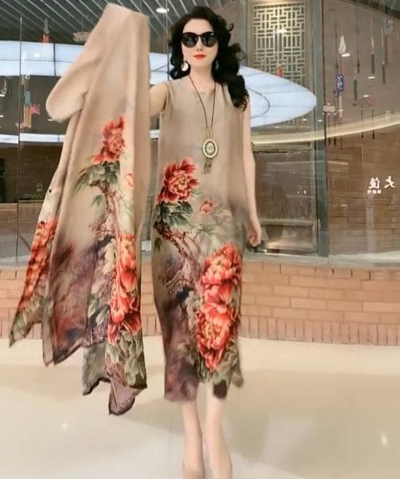 Women’s Artificial Silk Two-Piece Dress Set – Luxury Printed Loose Suit with Skirt