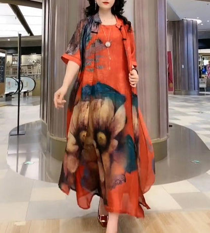 Women’s Artificial Silk Two-Piece Dress Set – Luxury Printed Loose Suit with Skirt