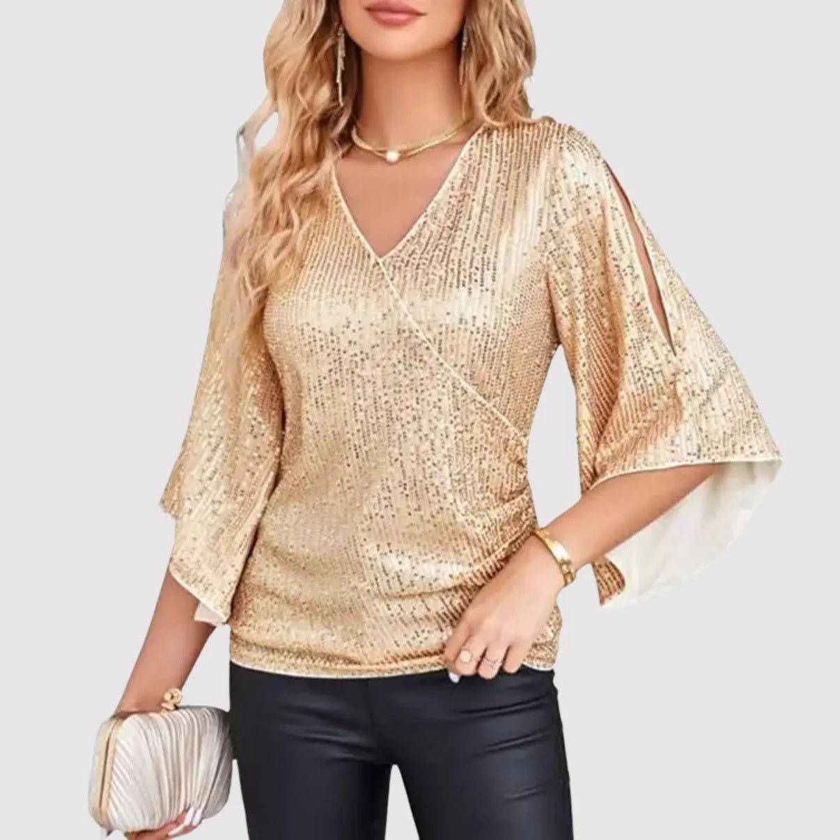 Women’s Sequined Party Top – Loose Mid-Length Short Sleeve Blouse