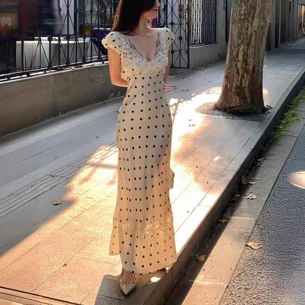 Lace V-Neck Polka Dot Maxi Dress – Elegant Slim Fit Evening Dress for Women