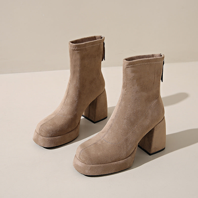 Fashion Suede Block Heel Boots – Women’s Back Zipper Ankle Boots