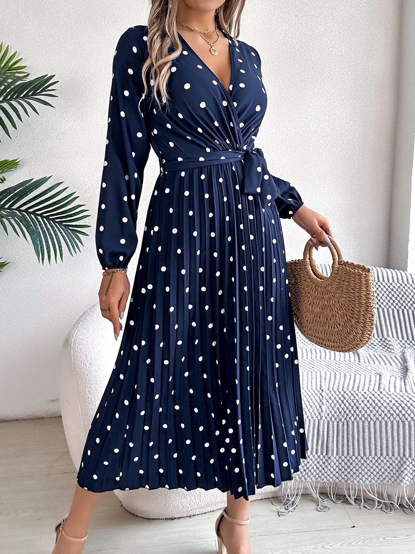 Women’s Polka Dot Long Sleeve Wrap Maxi Dress – Elegant Pleated V-Neck