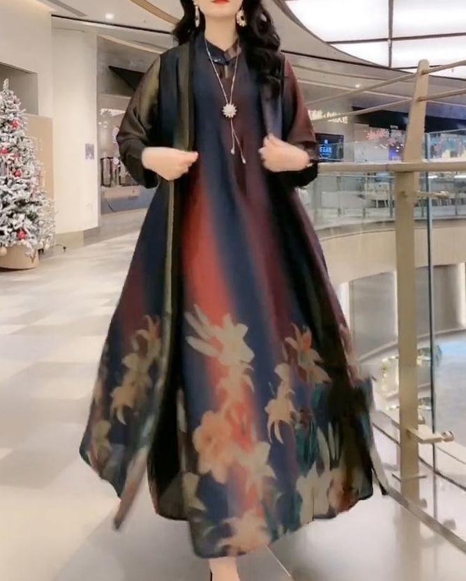 Women’s Artificial Silk Two-Piece Dress Set – Luxury Printed Loose Suit with Skirt