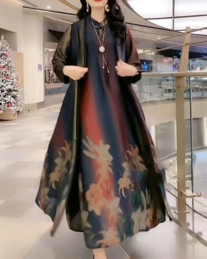 Women’s Artificial Silk Two-Piece Dress Set – Luxury Printed Loose Suit with Skirt