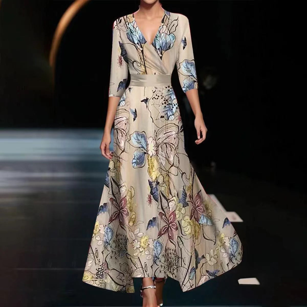 Women’s Cross V-Neck 3/4 Sleeve Floral Maxi Dress