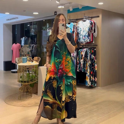 European & American Printed Loose Maxi Dress – Elegant Summer Women’s Fashion