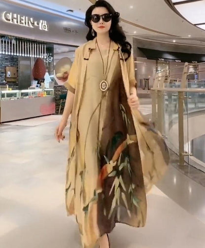 Women’s Artificial Silk Two-Piece Dress Set – Luxury Printed Loose Suit with Skirt