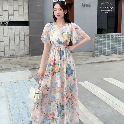 V-neck Mori Style Slim Fairy Floral Dress
