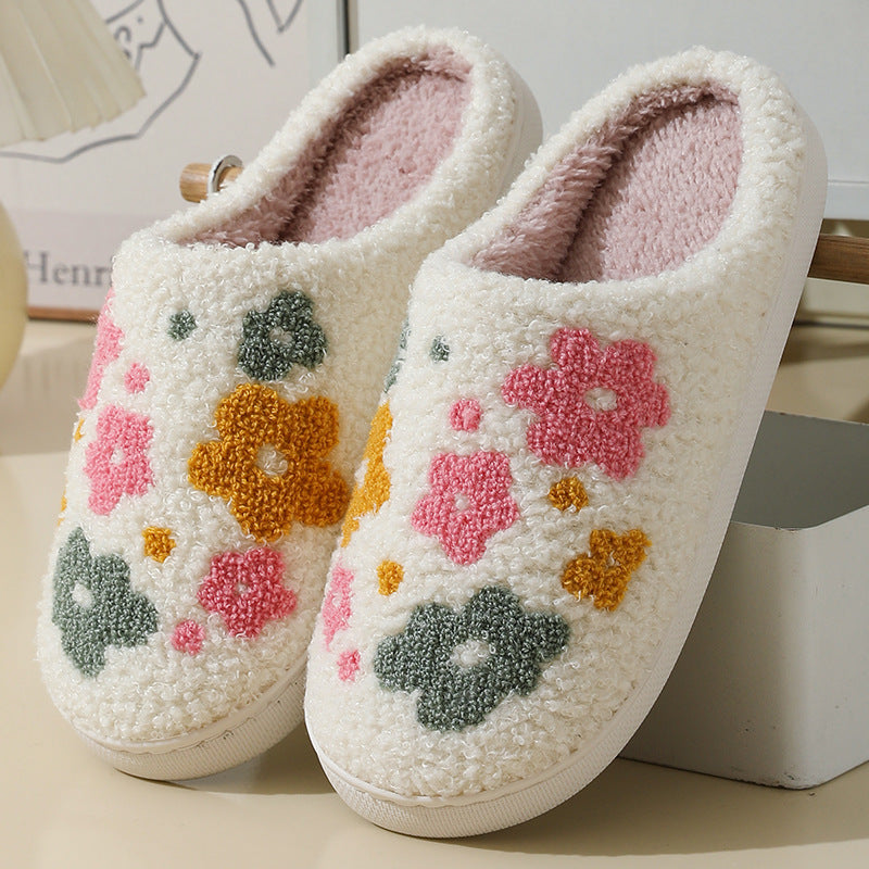 Women’s Warm Indoor Cotton Slippers – Colorful Floral Anti-Slip Winter House Shoes
