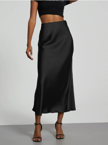 Women’s Slim Fit Satin Skirt – Chic Solid High Waist Long Skirt