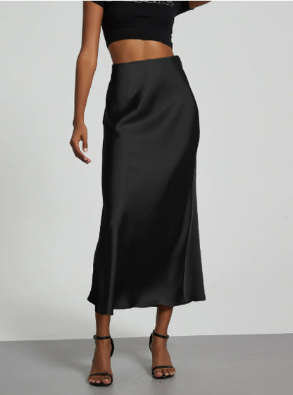 Women’s Slim Fit Satin Skirt – Chic Solid High Waist Long Skirt