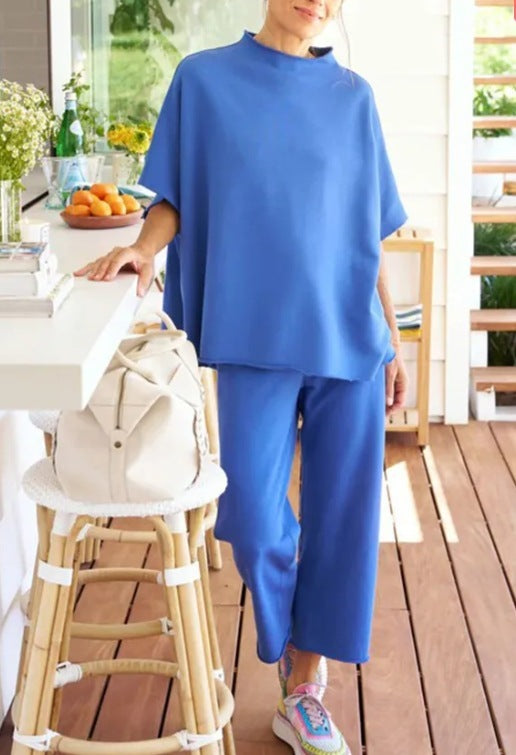 Women’s Casual Wide-Leg Pants Suit – Dolman Sleeve Pullover Two-Piece Set