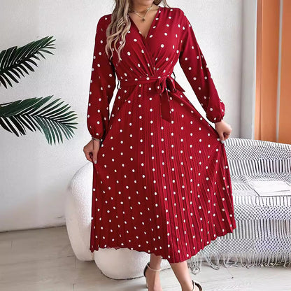 Women’s Polka Dot Long Sleeve Wrap Maxi Dress – Elegant Pleated V-Neck