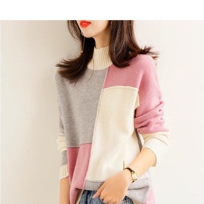 Women’s Contrast Color Loose Pullover Sweater – Half Turtleneck Knit Winter Top