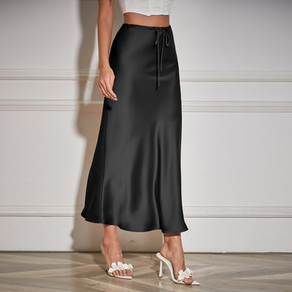 Women’s High Waist Satin Maxi Skirt – Elegant Drawstring Slip Skirt