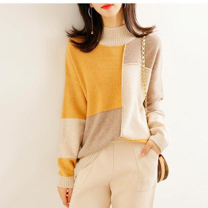 Women’s Contrast Color Loose Pullover Sweater – Half Turtleneck Knit Winter Top