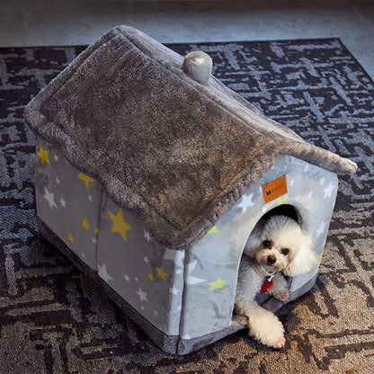 Foldable Pet House – Warm Enclosed Dog & Cat Bed with Removable Cushion