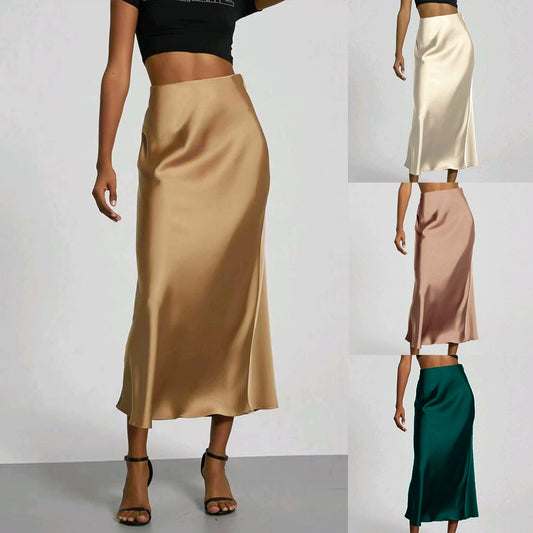 Women’s Slim Fit Satin Skirt – Chic Solid High Waist Long Skirt