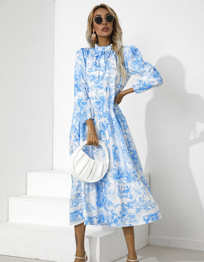 Women’s Round Neck Printed Loose Midi Dress – Casual & Elegant Style