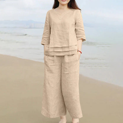 Casual Women’s 2-Piece Linen Set – Loose Shirt & Wide-Leg Pants Co-ord