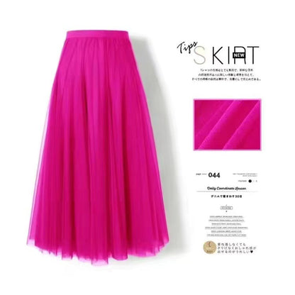 Women’s Pleated Mesh Midi Skirt – Elegant High Waist Swing Tulle Skirt