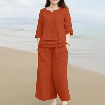 Casual Women’s 2-Piece Linen Set – Loose Shirt & Wide-Leg Pants Co-ord
