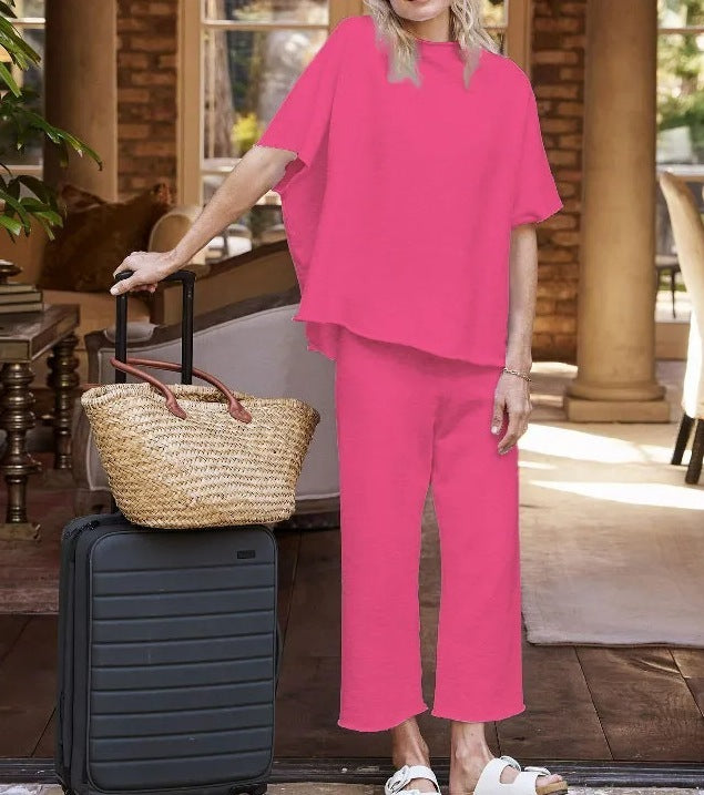 Women’s Casual Wide-Leg Pants Suit – Dolman Sleeve Pullover Two-Piece Set