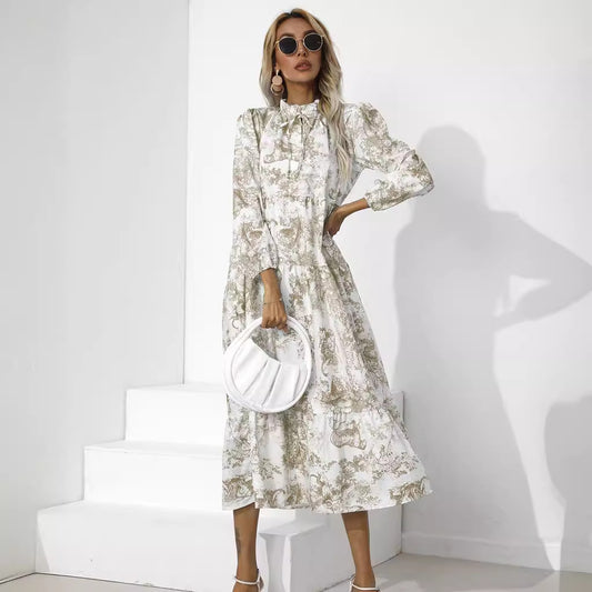 Women’s Round Neck Printed Loose Midi Dress – Casual & Elegant Style