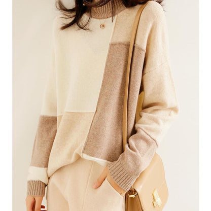 Women’s Contrast Color Loose Pullover Sweater – Half Turtleneck Knit Winter Top