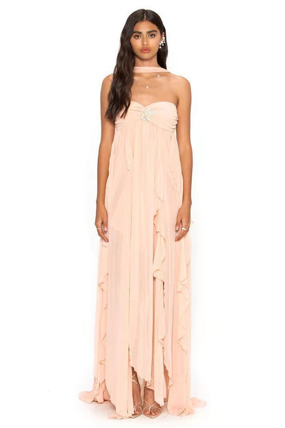 Women’s Chiffon Ruffle Maxi Gown – Elegant Strapless Evening & Wedding Dress