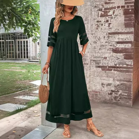 Women’s Casual Mesh Patchwork Maxi Dress with Pockets – Round Neck, 3/4 Sleeve