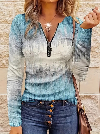 Women's Casual Loose Contrast Striped Half Zipper Top